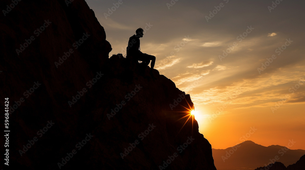 Mountain climber sitting on a rock on the edge of a cliff alone during sunrise or sunset. generative AI