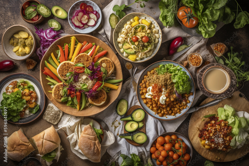 healthy eating concept with lots of fruits, vegetables and meats. generative ai healthy eating concept with lots of fruits, vegetables and meats. generative ai