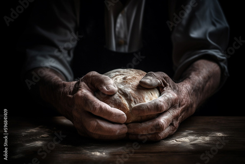Old man baker making bread with his aged hands. Flour on dough. generative AI
