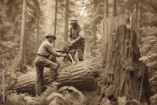 Vintage image of lumberjacks in old growth forest cutting down a tree. Loggers in the woods. generative AI