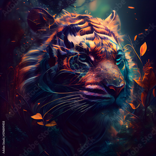 Portrait of a tiger in the forest. Colorful fantasy illustration.