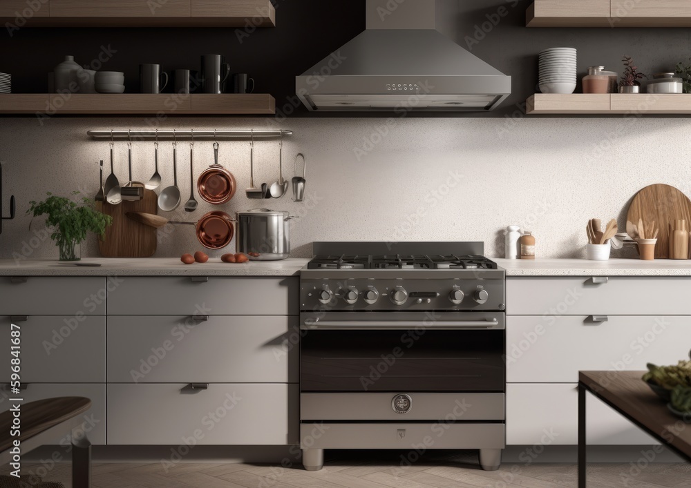 Modern and minimal kitchen interior with stove. Generative AI. Modern and minimal kitchen interior with stove. Generative AI.