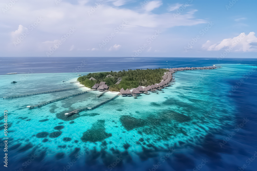 Aerial view of a tropical island in Maldive island. Luxurious over water villas on tropical resort, AI Aerial view of a tropical island in Maldive island. Luxurious over water villas on tropical resort, AI