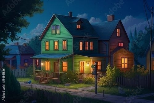 illustration, night in the village, generative ai.