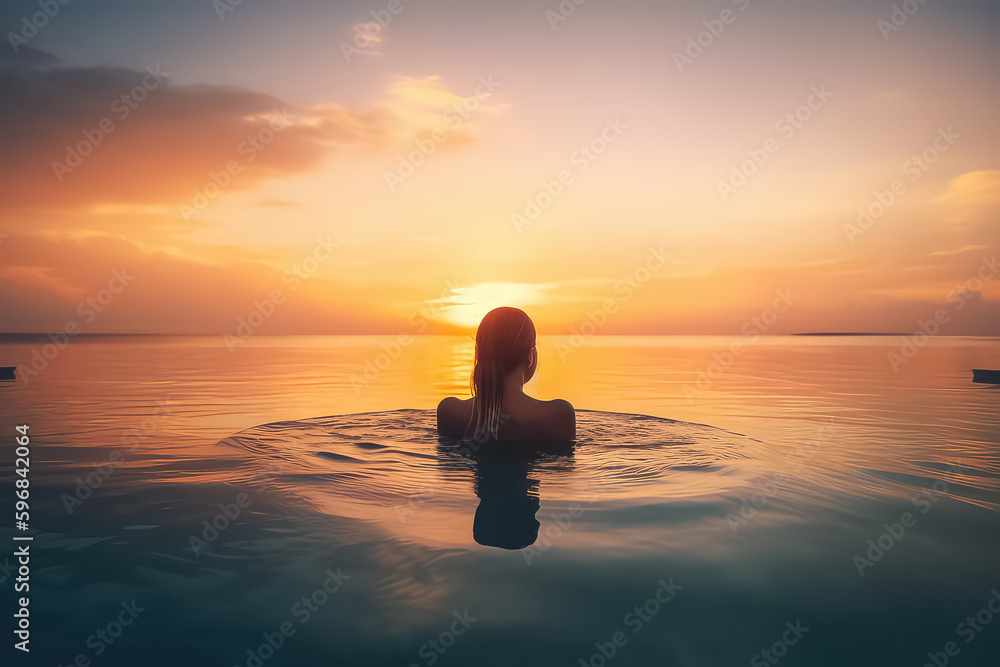 Woman relaxing in infinity swimming pool in Maldives, AI