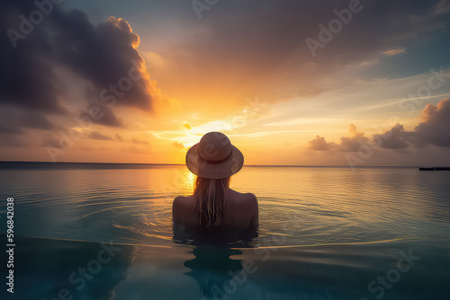 Woman relaxing in infinity swimming pool in Maldives, AI © yurakrasil
