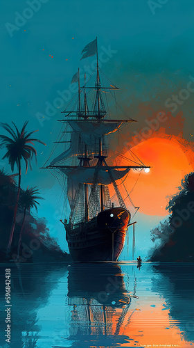 Foto A painting of a ship on the water at sunset. AI generative.