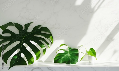 Minimal, modern white marble stone counter table, tropical monstera plant tree in sunlight (Generative AI)