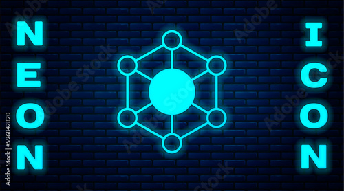 Glowing neon Molecule icon isolated on brick wall background. Structure of molecules in chemistry, science teachers innovative educational poster. Vector