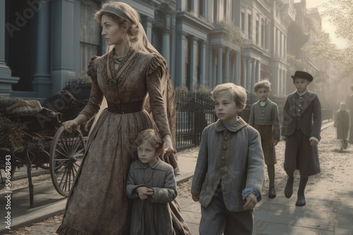 woman dressed in Victorian style walking down the street with her school-age children, created with Generative AI Technology