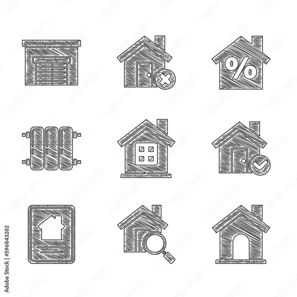 Set House, Search house, with check mark, Online real estate, Heating radiator, percant discount and Garage icon. Vector