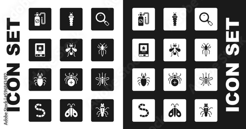 Set Magnifying glass, Insect fly, Book about insect, Pressure sprayer, Spider, Larva, Mosquito and Beetle deer icon. Vector