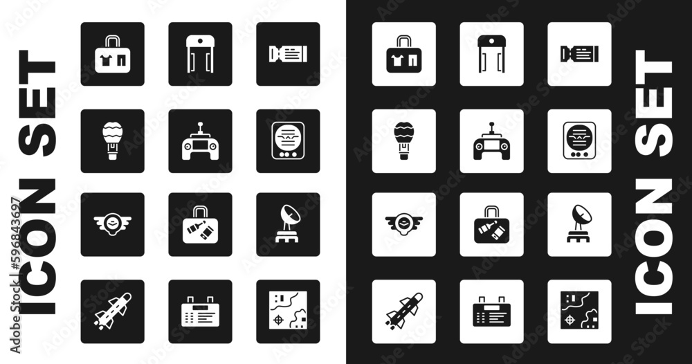 Set Airline ticket, Drone remote control, Hot air balloon, Suitcase, Attitude indicator, Metal detector airport, Radar and Aviation emblem icon. Vector Set Airline ticket, Drone remote control, Hot air balloon, Suitcase, Attitude indicator, Metal detector airport, Radar and Aviation emblem icon. Vector