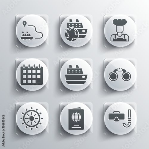 Set Passport, Diving mask and snorkel, Binoculars, Cruise ship, Ship steering wheel, Calendar, line path and Cook icon. Vector