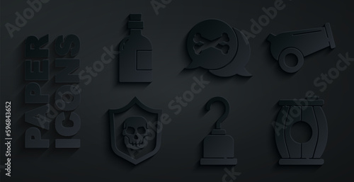 Set Pirate hook, Cannon, Shield with pirate skull, Gun powder barrel, Location and Alcohol drink Rum icon. Vector