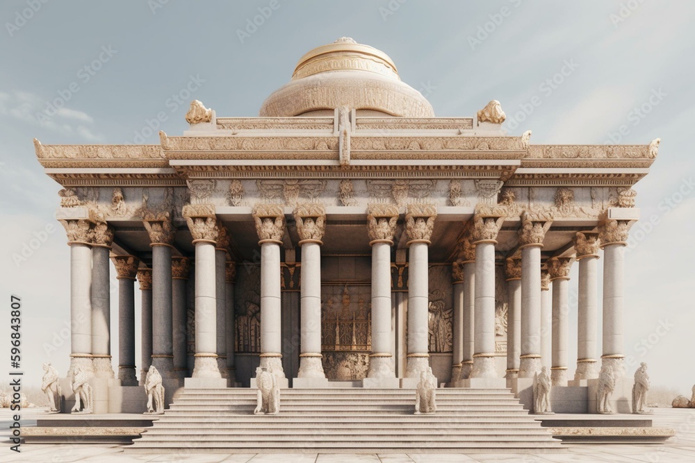 3D illustration of King Solomon's Temple with Boaz and Jachin bronze