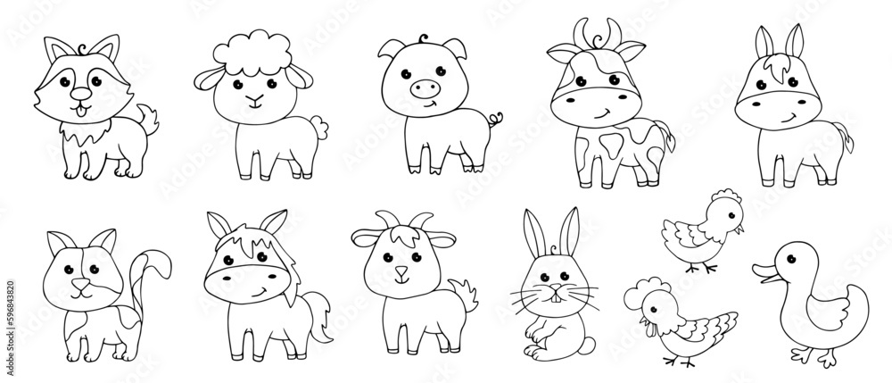 Linear sketches, coloring pages of little cute agriculture farm animals. Vector graphics. Linear sketches, coloring pages of little cute agriculture farm animals. Vector graphics.