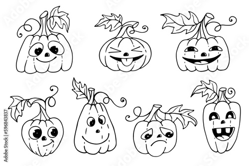 A set of sketches, doodles of funny pumpkin characters for Halloween. Vector graphics.
