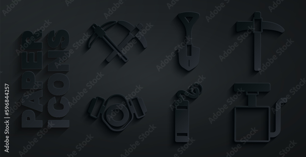 Set Dynamite, Pickaxe, Gas mask, Handle detonator, Shovel and icon. Vector Set Dynamite, Pickaxe, Gas mask, Handle detonator, Shovel and icon. Vector