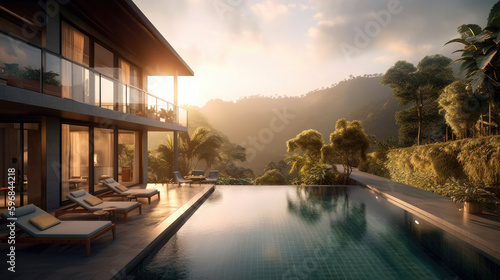 Splendid hotel, nestled amidst a picturesque landscape, offering breathtaking views of the surrounding mountains and lush forests. Exterior view with swimming pool. Generative AI © piai