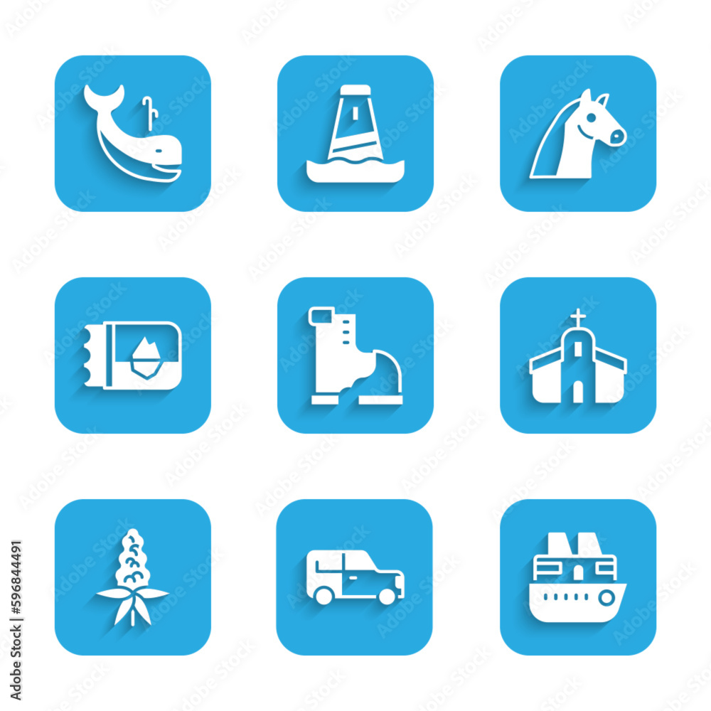 Set Winter warm boot, Car, Cruise ship, Church building, Lupine flower, Ticket Iceland, Horse and Whale icon. Vector Set Winter warm boot, Car, Cruise ship, Church building, Lupine flower, Ticket Iceland, Horse and Whale icon. Vector