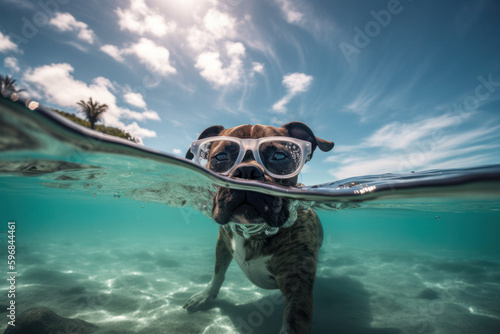 Sunglasses-Wearing Dog Enjoying a Tropical Swim