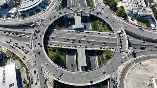 Aerial drone photo of multilevel ring circular junction of Kifisias Avenue, National motorway and Attiki odos crossing Attica prefecture, Marousi, Greece 