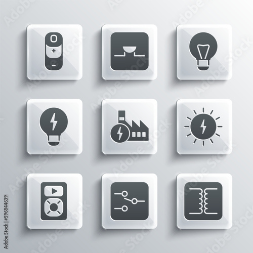 Set Switch in electronic circuit, Electrical transformer, Solar energy panel, Nuclear power plant, Music player, Creative lamp light idea, Battery charge and icon. Vector