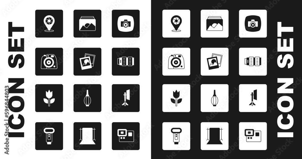 Set Photo camera, frame, Camera shutter, photo lens, Studio light bulb in softbox and mode macro icon. Vector Set Photo camera, frame, Camera shutter, photo lens, Studio light bulb in softbox and mode macro icon. Vector