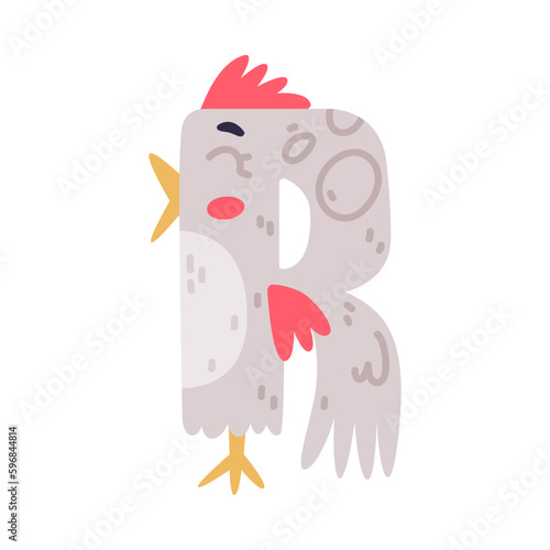 Bird alphabet R capital letter. Gray consonant letter with eyes, beak and wings cute cartoon vector illustration