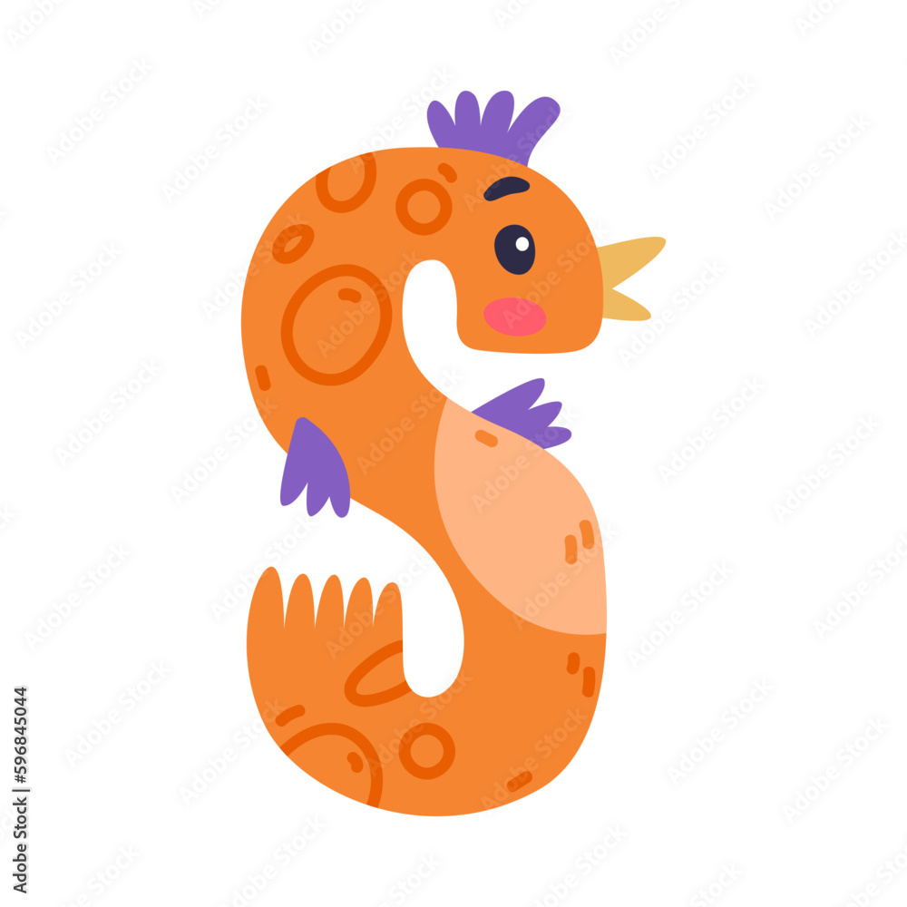 Bird alphabet S capital letter. Orange consonant letter with eyes, beak and wings cute cartoon vector illustration Bird alphabet S capital letter. Orange consonant letter with eyes, beak and wings cute cartoon vector illustration