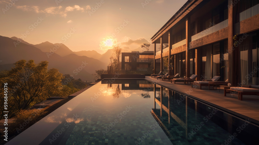 Splendid hotel, nestled amidst a picturesque landscape, offering breathtaking views of the surrounding mountains and lush forests. Exterior view with swimming pool. Generative AI