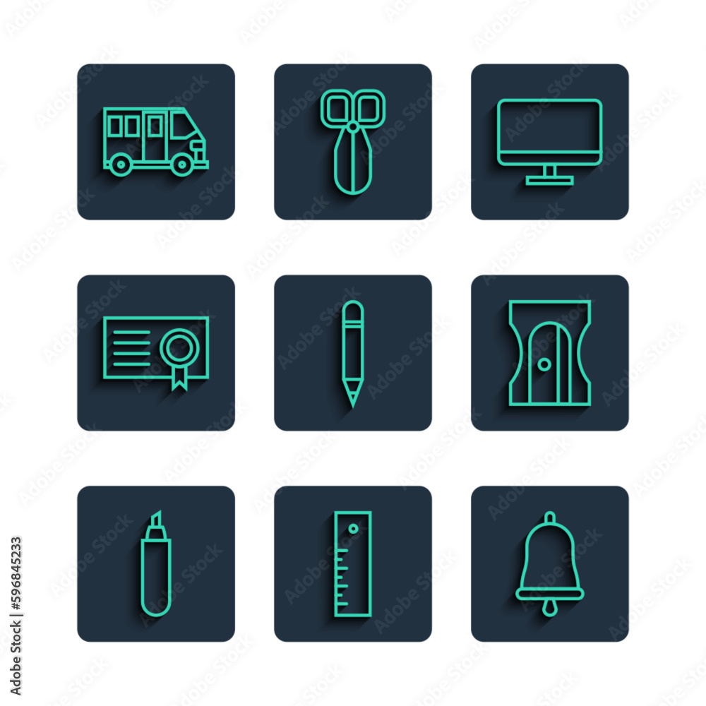 Set line Marker pen, Ruler, Ringing bell, Computer monitor screen, Pencil with eraser, Certificate template, School Bus and sharpener icon. Vector Set line Marker pen, Ruler, Ringing bell, Computer monitor screen, Pencil with eraser, Certificate template, School Bus and sharpener icon. Vector