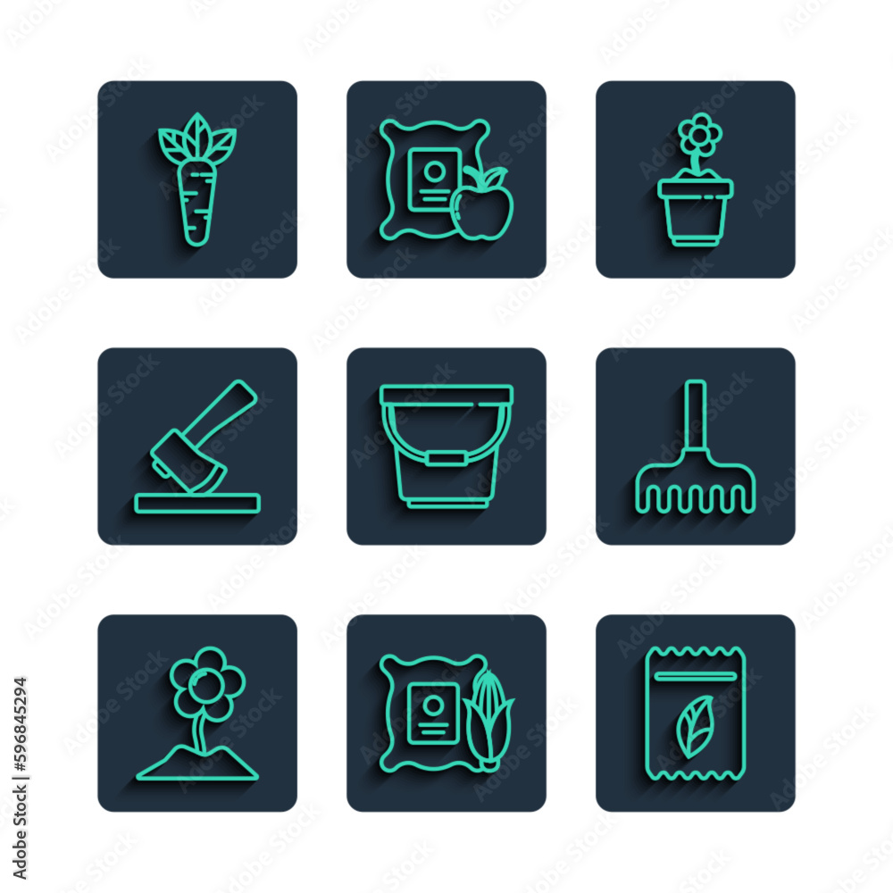 Set line Flower, Corn in the sack, Pack full of seeds of plant, pot, Bucket, Wooden axe, Carrot and Garden rake icon. Vector Set line Flower, Corn in the sack, Pack full of seeds of plant, pot, Bucket, Wooden axe, Carrot and Garden rake icon. Vector