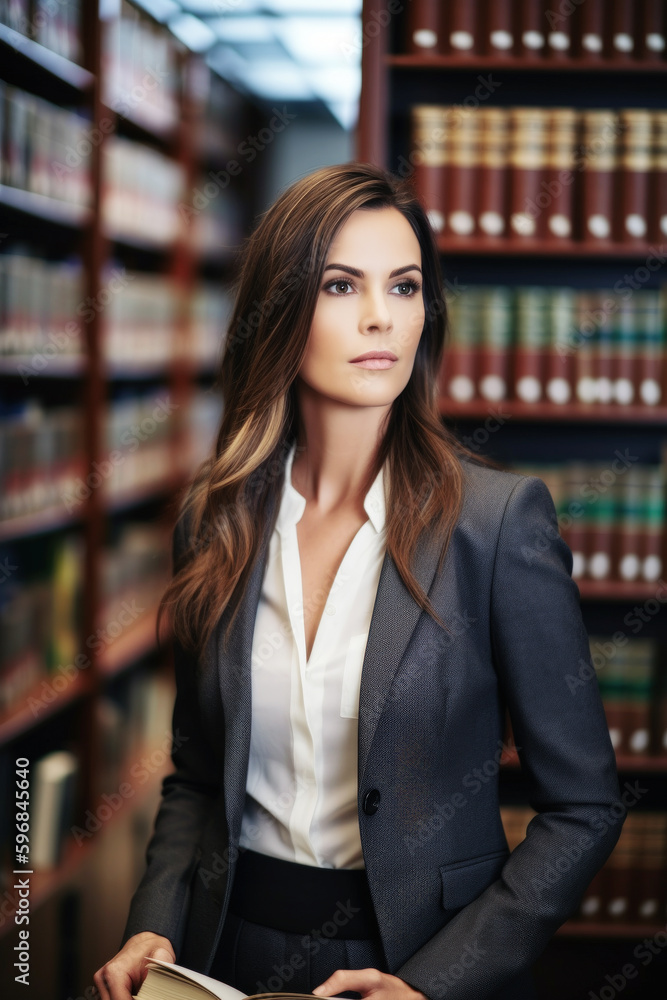 In her office, surrounded by books, a beautiful 35-year-old woman lawyer stands confidently, ready to fight for her clients' rights. Generative AI In her office, surrounded by books, a beautiful 35-year-old woman lawyer stands confidently, ready to fight for her clients' rights. Generative AI