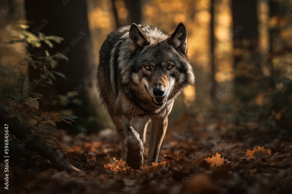 Naklejka premium Predator in Motion: Wolf Hunting in a Sunlit Forest