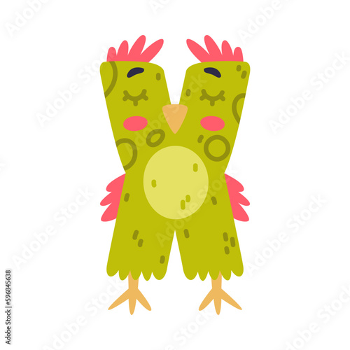 Bird alphabet X capital letter. consonant letter with eyes, beak and wings cute cartoon vector illustration