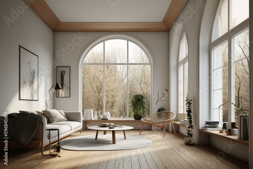 3D rendering of scandinavian living room with wooden floors   ceilings  white walls  arch-shaped window overlooking nature. Generative AI