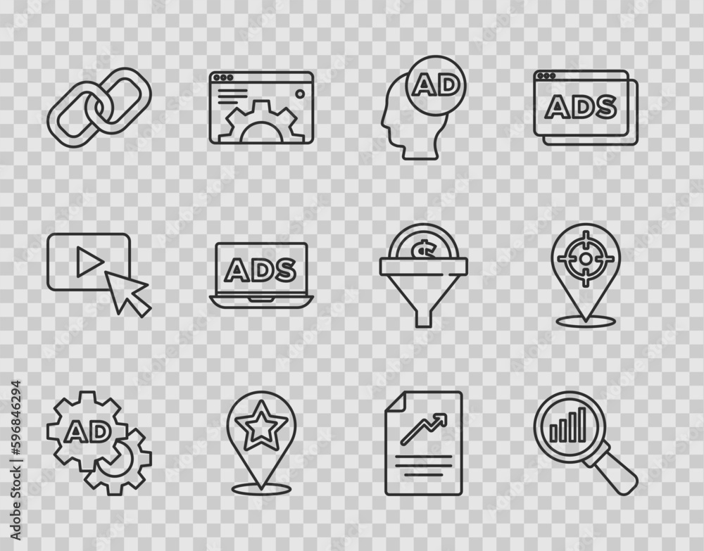 Set line Advertising, Magnifying glass and analysis, Map pointer with star, Chain link, Document graph chart and Target sport icon. Vector Set line Advertising, Magnifying glass and analysis, Map pointer with star, Chain link, Document graph chart and Target sport icon. Vector