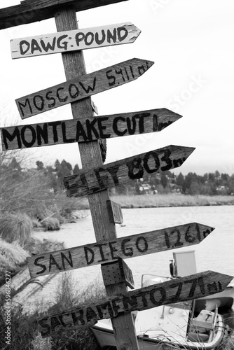 signpost on the lake