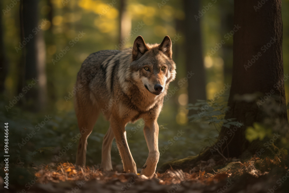 Predator in Motion: Wolf Hunting in a Sunlit Forest Predator in Motion: Wolf Hunting in a Sunlit Forest