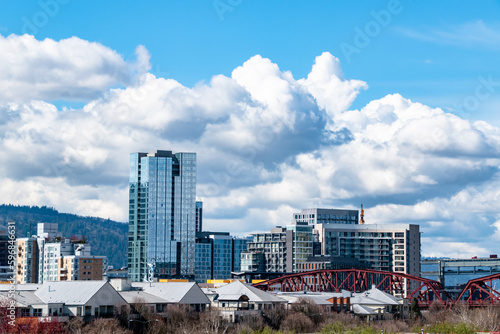 Portland, OR City Skyline Under Springtime Blue Sky