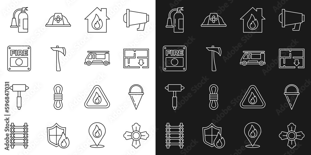 Set line Firefighter, cone bucket, Evacuation plan, in burning house, axe, alarm system, extinguisher and truck icon. Vector