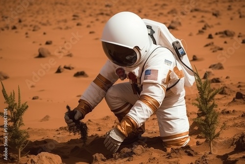 illustration, the astronaut plants a tree on the planet mars, ai generative