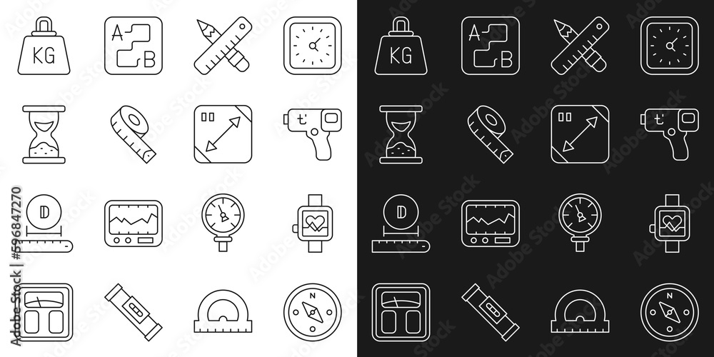 Set line Compass, Smart watch, Digital thermometer, Crossed ruler and pencil, Measuring tape, Old hourglass with sand, Weight and Diagonal measuring icon. Vector Set line Compass, Smart watch, Digital thermometer, Crossed ruler and pencil, Measuring tape, Old hourglass with sand, Weight and Diagonal measuring icon. Vector
