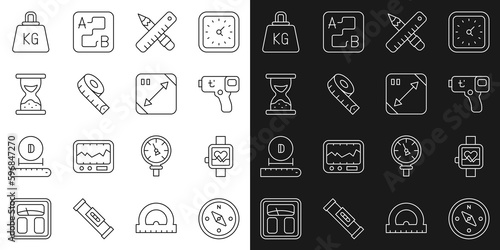Set line Compass, Smart watch, Digital thermometer, Crossed ruler and pencil, Measuring tape, Old hourglass with sand, Weight and Diagonal measuring icon. Vector