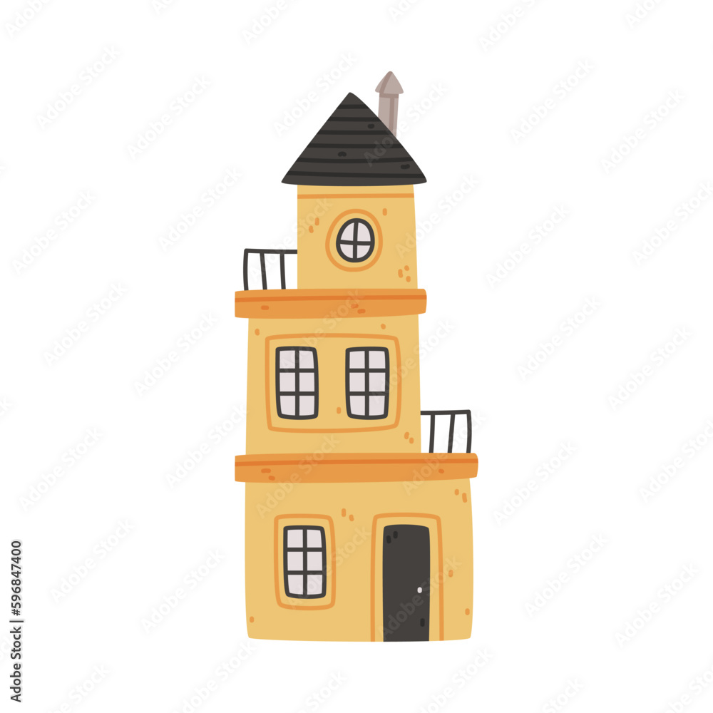 Small Tall House with Slope Roof and Windows as Sweet Cozy Home Vector Illustration