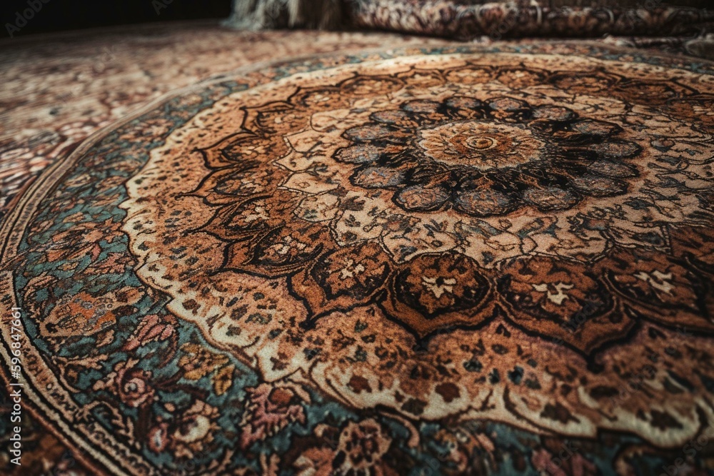 Texture of aged brown Persian rug with abstract designs. Generative AI