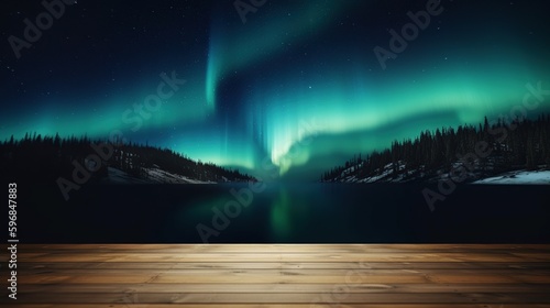 Empty wooden table for product display background, banner and product advertisement mock up with beautiful northern lights aurora behind, AI generated