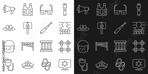 Set line Hexagram sheriff, Prison window, Suspect criminal, Safety goggle glasses, Protest, Sheriff hat with badge, Megaphone and Telescopic baton icon. Vector